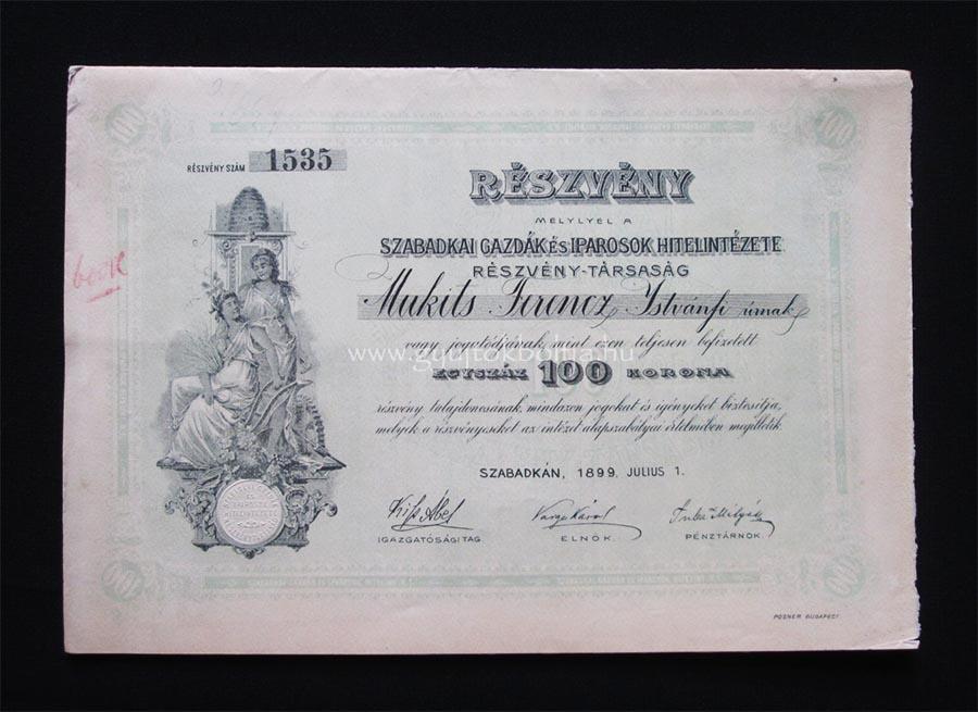 Szabadkai Hitelintézet részvény 100 korona 1899 (SRB)